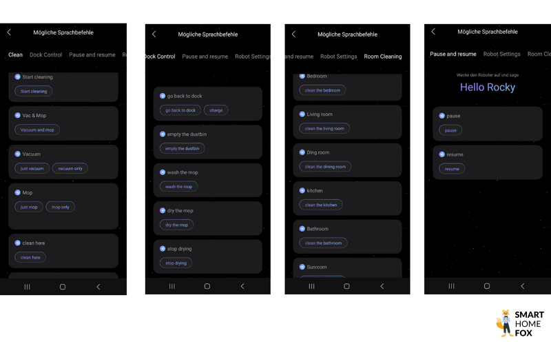 Die Hello Rockyx Sprachbefehle für den Roborock S8 MaxV Ultra sind zu sehen.